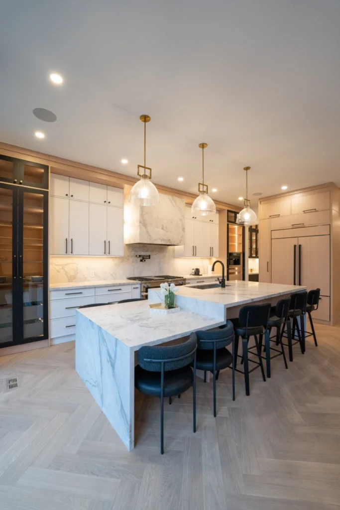 Modern kitchen with marble counters and metalic chairs